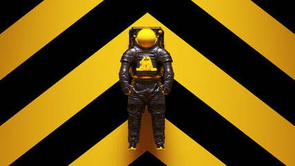 Wall Mural - yellow black spaceman astronaut cosmonaut spacewalk suit with yellow an black chevron background 3d 