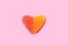 Top View Jelly Candy In Shape Of Heart On Pink Background