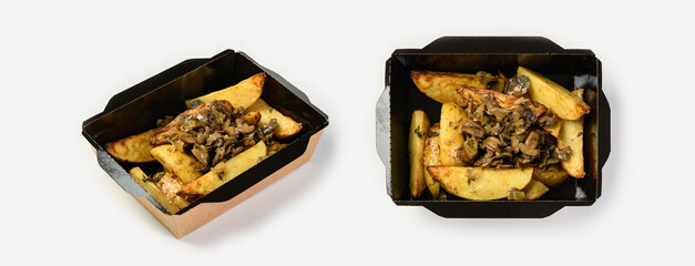 fried potatoes with mushrooms on a white background in a container for a delivery service