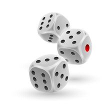 Three Silver, White Dice From Three Different Sides On White Background. Concept For Casino, Gamble Design. Vector Illustration For Card, Party, Flyer, Poster, Decor, Banner, Web, Advertising.