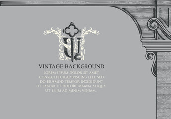 Vintage background with an old key, medieval arch and place for text on a grey backdrop. Hand-drawn vector banner or illustration in retro style, suitable for certificate, diploma, frame