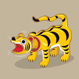 Fototapeta Dinusie - Cartoon illustration of a Japanese folk toy - Head shaking paper craft tiger (Tora Hariko). It is believed to bring good fortune to children with conveying health and strength.
