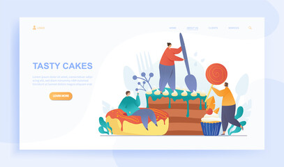 Male and female characters are cooking tasty cakes together. Group of cooks creating diverse sweeets as a team. Website, web page template. Abstract metaphor. Flat cartoon vector illustration