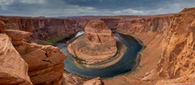 Horshoe Bend On The Colorado River Near Paige Arizona. Panormaic View Of The Bend And River