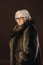 Confident Senior Female In Trendy Fur Coat Standing With Rollator Walker On Brown Background In Studio And Looking At Camera