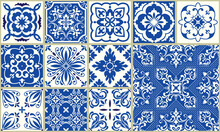 Seamless Patchwork From Azulejo Tiles. Collection Of Ceramic Tiles In Turkish Style. Portuguese And Spain Decor In Blue, White. Islam, Arabic, Indian, Ottoman Motif. Vector Hand Drawn Background