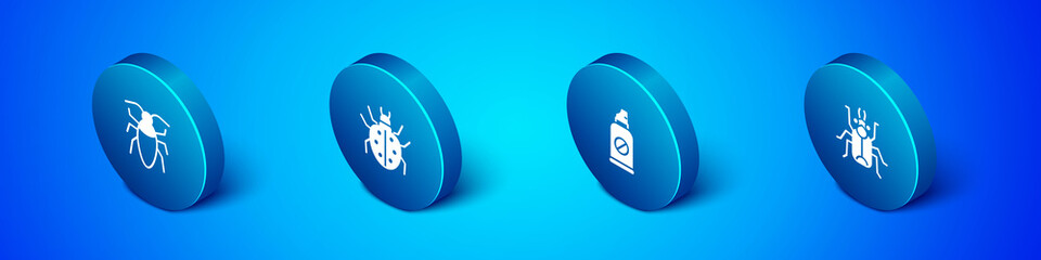 Sticker - Set Isometric Cockroach, Spray against insects, Beetle bug and Mite icon. Vector.