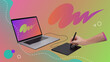 © Laura Reyero/ADDICTIVE STOCK - Conceptual contemporary art collage. Hand drawing in a graphic tablet connected to a computer laptop.