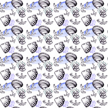 Seashells And Corals Seamless Pattern On A White Background. Black Linear Drawing. Summer.