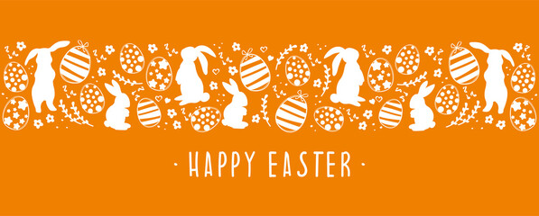 Orange happy easter greeting card with easter eggs and rabbits. Minimalist design for packing banner header