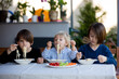 © Tomsickova - Cute children, boy brothers, eating spaghetti in garden
