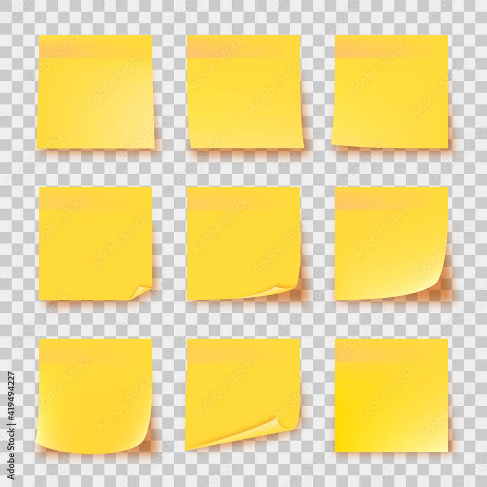 Realistic set yellow stick note isolated on transparent background. Post it notes collection with shadow. Yellow color. Post it notes collection with shadow - obrazy, fototapety, plakaty 