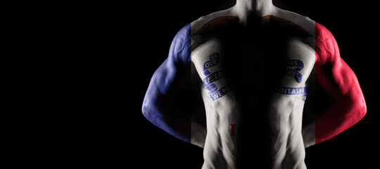 Iowa flag on muscled male torso with abs, Iowa Gym