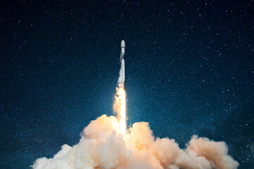 Wall Mural - space rocket launch, ship. concept of business product on a market. spaceship takes off in the starr