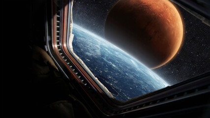 Wall Mural - amazing blue planet earth with red plain mars in the starry sky, a view from the window of the space