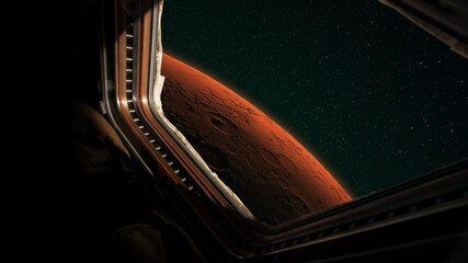 Wall Mural - view from the window of a spaceship mission to the red planet mars. spacecraft flies to mars, concep