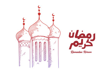 Wall Mural - Ramadan Kareem Greeting vector file in arabic free hand write with a modern Mosque and stars specially for Ramadan wishing and design