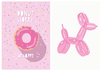 Cute Hand Drawn Donut, with Sprinkles, Handwritten Slogan and Pink Balloon Dog. Nursery Wall Art for Baby Boy And Baby Girl. Vector Twin Illustration Set. Ideal for Cards, Invitations, Posters