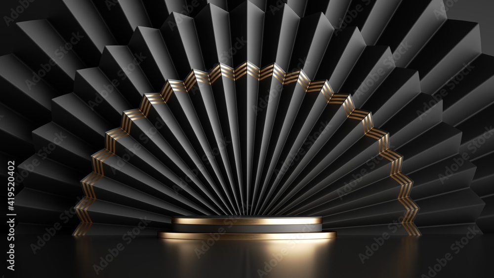 3d render abstract black gold background with empty stage and folded ...