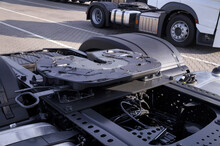 Rear Of The Tractor Unit. Visible Fifth Wheel Couplings Are Fitted To A Tractor Unit To Connect It To The Trailer.