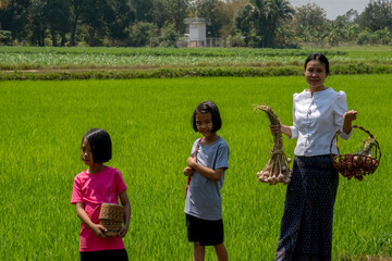 Wall Mural - Family mother and daughter walking in field of rural background, Asian people family in countryside on vegetables garden background, farmer harvesting plants in rural