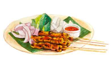 Malaysian chicken satay with delicious peanut sauce isolated on white with watercolor style.