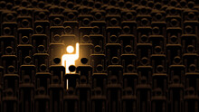 Shiny Man Stand Out From The Crowd. Brilliant Talent Businessman Standing Out Of Crowd. Large Group Of Identical People With One Different Person, Group And Individuality, Difference Creative Concept 