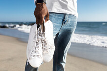 White Sneakers Closeup Men&rsquo;s Apparel Summer Fashion Beach Photoshoot