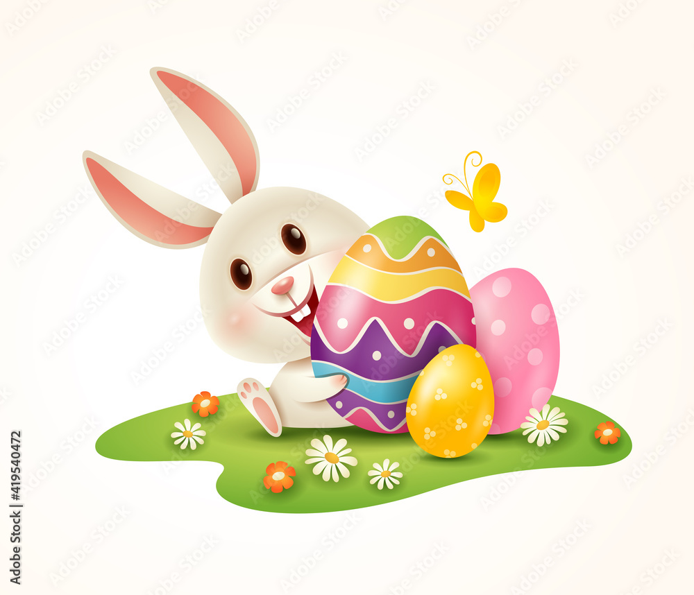 Easter bunny and Easter painted eggs on grass. Isolated. - obrazy, fototapety, plakaty 