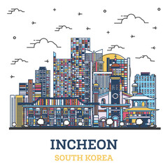 Wall Mural - Outline Incheon South Korea City Skyline with Colored Modern Buildings Isolated on White.