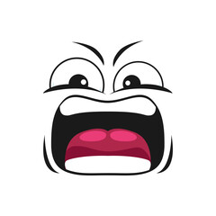 Wall Mural - Angry emoji face, shocked emoticon in bad mood with wide open mouth isolated. Vector frightened character, horror face expression, crazy screaming emoticon. Shouting smiley, screaming character