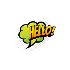 Wall Mural - Cloud speech bubble hello phrase in boom bang balloon chat message isolated comic pop art retro style salute greet. Vector halftone high greet, positive Hallo dialogue tag, pop art communication tag