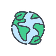 Wall Mural - Earth planet with leaves color line icon. World ecology vector outline colorful sign.