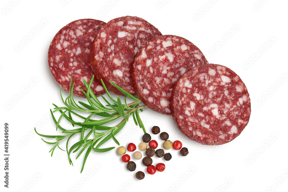 Smoked sausage salami slices isolated on white background with clipping ...