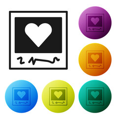 Sticker - Black Blanks photo frames and hearts icon isolated on white background. Valentines Day symbol. Set icons in color circle buttons. Vector.