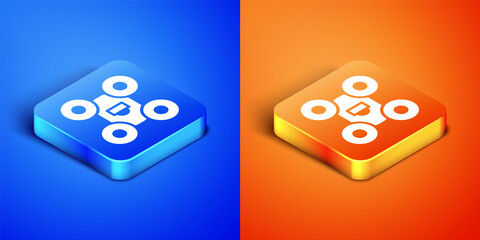 Sticker - Isometric Drone flying icon isolated on blue and orange background. Quadrocopter with video and photo camera symbol. Square button. Vector.