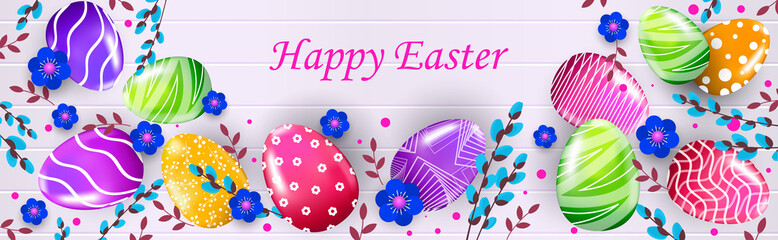 Wall Mural - happy easter holiday celebration banner flyer or greeting card with decorative eggs horizontal vector illustration