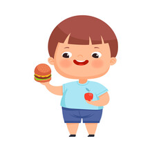 Little Boy With Overweight And Body Fat Holding Apple And Hamburger Vector Illustration