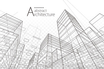 Architecture building construction perspective line drawing design abstract background.