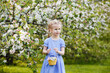 © Elena  - A little girl in a blue dress was walking in a blooming apple orchard. Nice spring story. Happy baby on a beautiful spring sunny day