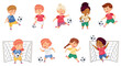 © Happypictures - Little Boy and Girl in Sports Shirt and Shorts Playing Football Kicking Ball and Scoring Goal Vector Set