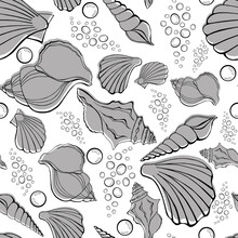 Modern Flat Outline Sea Shells, Bubbles Seamless Pattern For Fabric, Textile, Apparel, Interior, Stationery, Wrapping Paper, Scrapbooking. Trendy Marine Endless Texture. Exotic Ocean Shells Contours