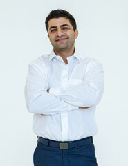 Portrait of Iranian businessman with a beard on face posing in advertising gesture with friendly and positive isolated on white background