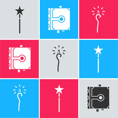 Wall Mural - Set Magic wand, Ancient magic book and Magic staff icon. Vector.