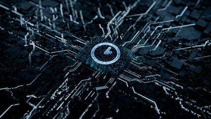Time Technology Concept with clock symbol on a Microchip. Data flows from the CPU across a Futuristic Motherboard. 3D render.