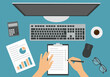 Flat design illustration of female or male hand filling out a pencil questionnaire or to-do list. Computer monitor with keyboard and mouse, calculator next to paper with financial chart, vector
