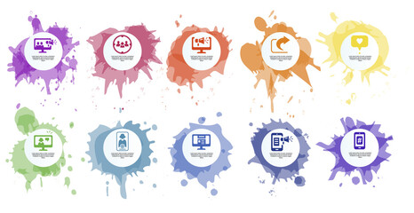 Infographic Social Media template. Icons in different colors. Include Like, Audience, Boosted Post, Feed and others.