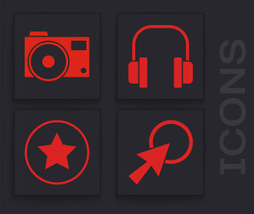 Wall Mural - Set Arrow cursor, Photo camera, Headphones and Star icon. Vector.