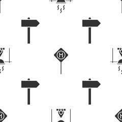 Poster - Set Campfire and pot, Parking and Road traffic signpost on seamless pattern. Vector.