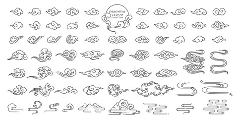Set of oriental cloud illustration. Chinese clouds elements. Linear hand draw clip art. Japanese,Thai,Tibetan,Korean style. Traditional,contemporay,modern design.